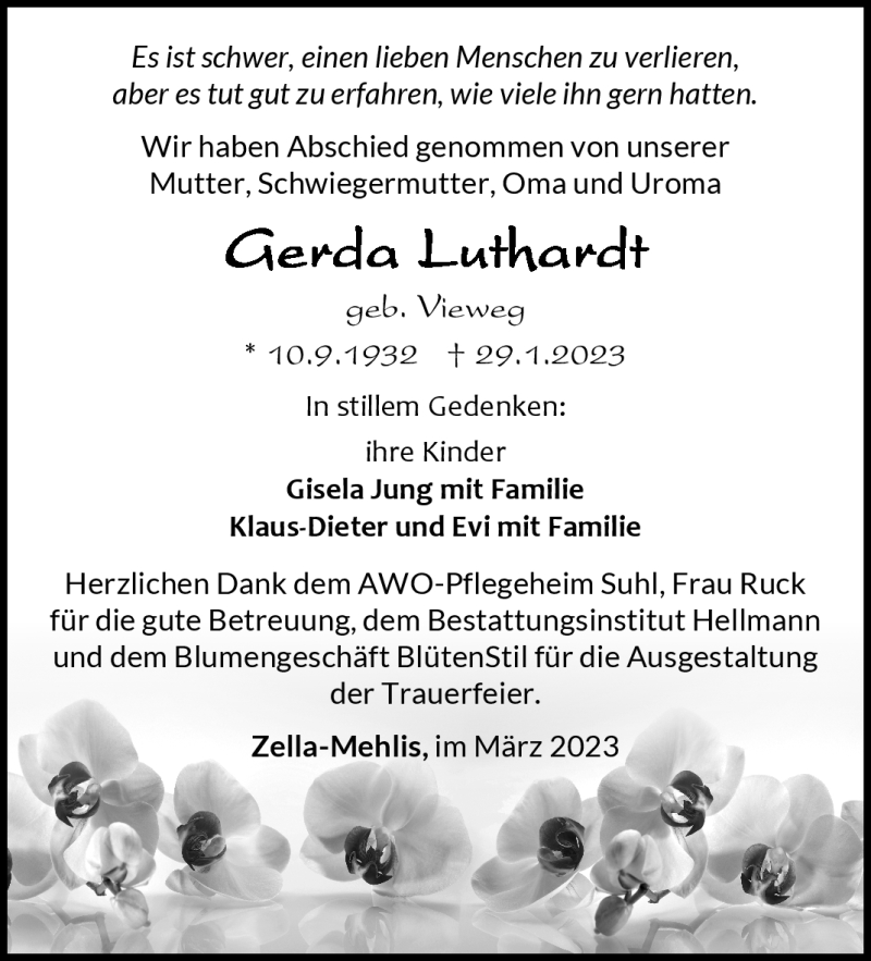  Traueranzeige für Gerda Luthardt vom 18.03.2023 aus Südthüringer Presse