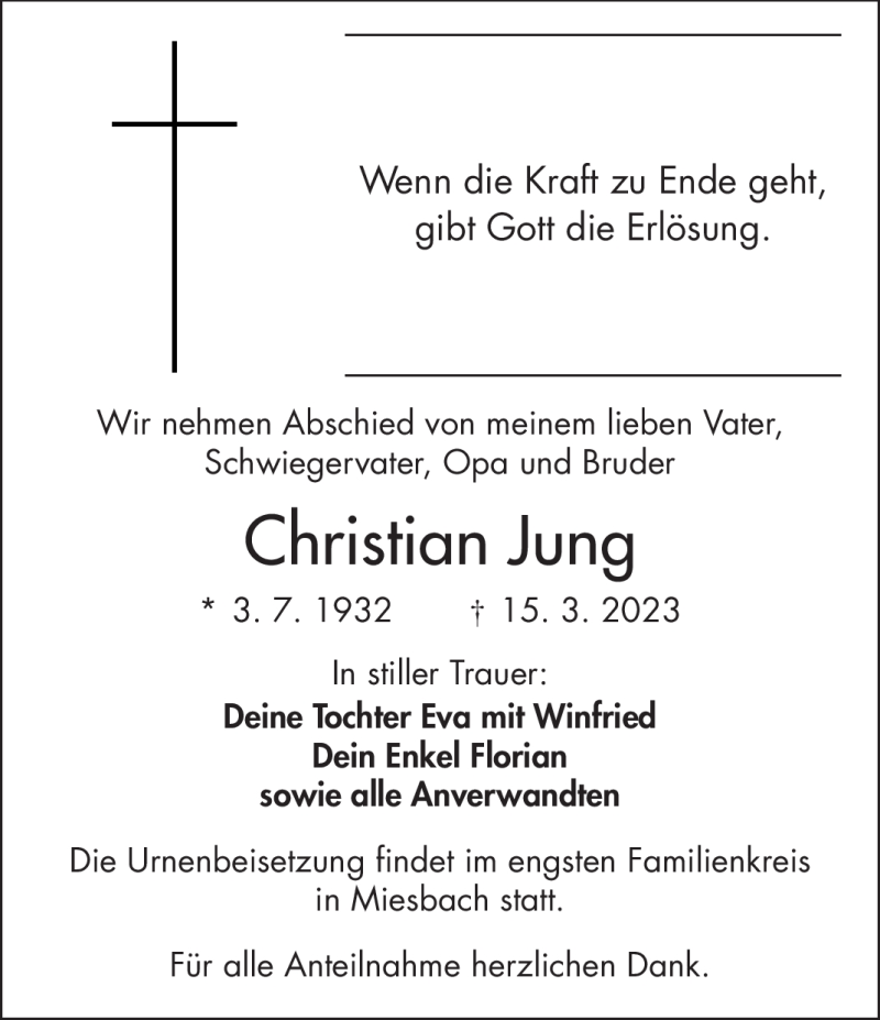  Traueranzeige für Christian Jung vom 18.03.2023 aus Frankenpost
