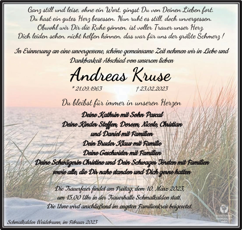  Traueranzeige für Andreas Kruse vom 08.03.2023 aus Südthüringer Presse