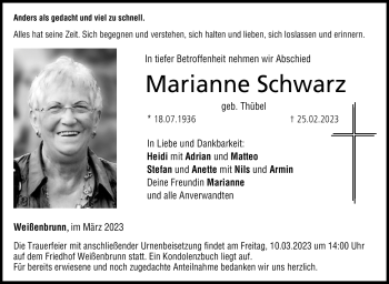 Traueranzeige von Marianne Schwarz von Neue Presse Coburg