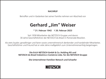 Traueranzeige von Gerhard Weiser von Frankenpost
