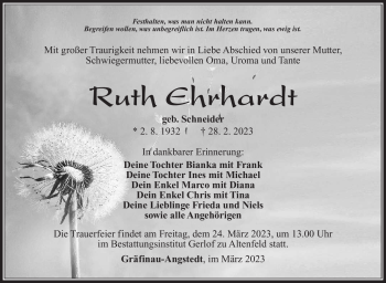 Traueranzeige von Ruth Ehrhardt von Südthüringer Presse