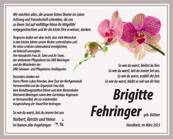 Traueranzeige von Brigitte Fehringer von Südthüringer Presse