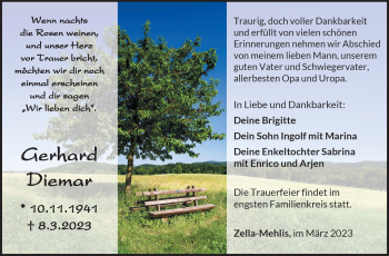 Traueranzeige von Gerhard Diemar von Südthüringer Presse