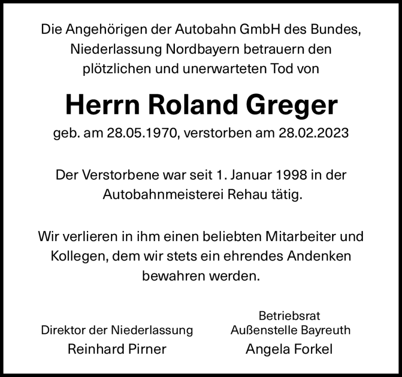  Traueranzeige für Roland Greger vom 04.03.2023 aus Frankenpost