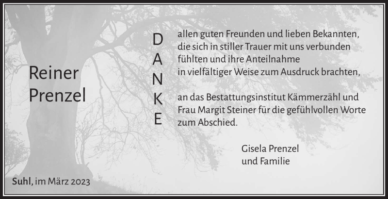  Traueranzeige für Reiner Prenzel vom 25.03.2023 aus Südthüringer Presse
