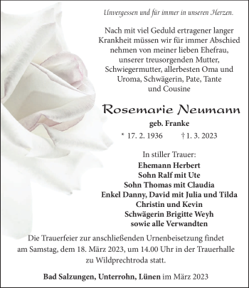 Traueranzeige von Rosemarie Neumann von Südthüringer Presse