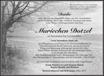 Traueranzeige von Mariechen Dotzel von Südthüringer Presse