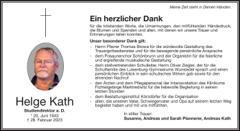 Traueranzeige von Helge Kath von Frankenpost