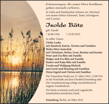 Traueranzeige von Isolde Bätz von Südthüringer Presse