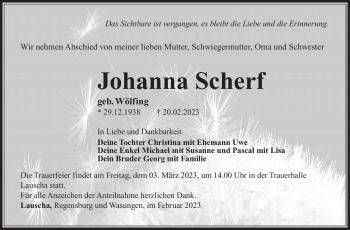 Traueranzeige von Johanna Scherf von Südthüringer Presse