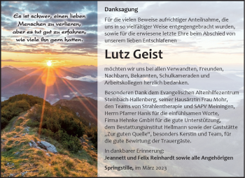 Traueranzeige von Lutz Geist von Südthüringer Presse