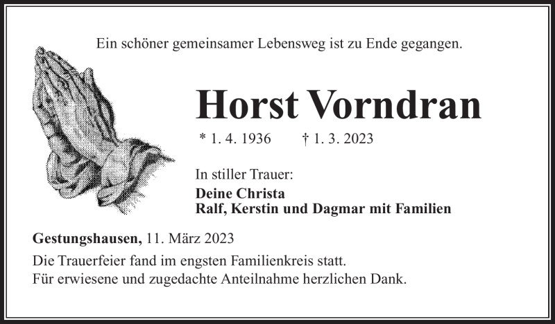  Traueranzeige für Horst Vorndran vom 11.03.2023 aus Neue Presse Coburg
