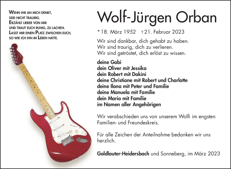  Traueranzeige für Wolf-Jürgen Orban vom 04.03.2023 aus Südthüringer Presse