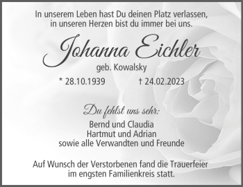 Traueranzeige von Johanna Eichler von Neue Presse Coburg