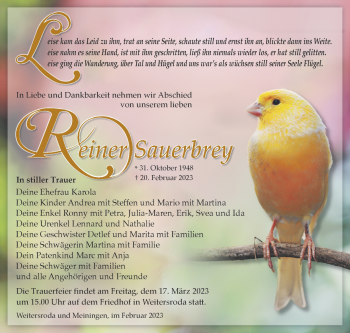 Traueranzeige von Reiner Sauerbrey von Südthüringer Presse