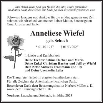 Traueranzeige von Anneliese Wiefel von Südthüringer Presse
