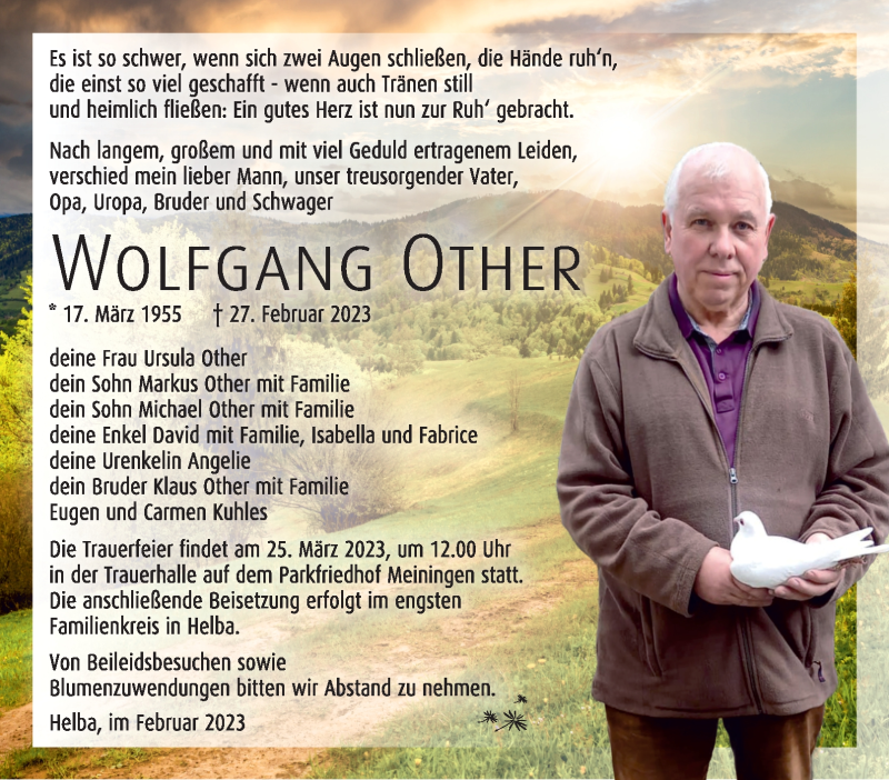  Traueranzeige für Wolfgang Other vom 18.03.2023 aus Südthüringer Presse