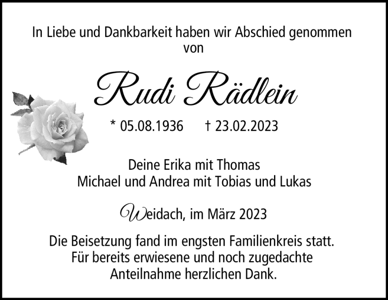  Traueranzeige für Rudi Rädlein vom 11.03.2023 aus Neue Presse Coburg