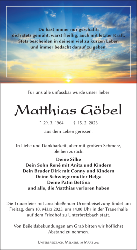  Traueranzeige für Matthias Göbel vom 07.03.2023 aus Südthüringer Presse