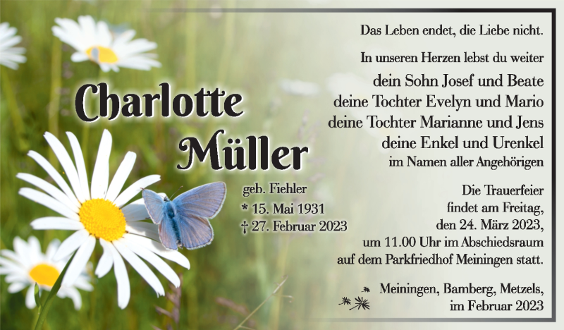  Traueranzeige für Charlotte Müller vom 18.03.2023 aus Südthüringer Presse