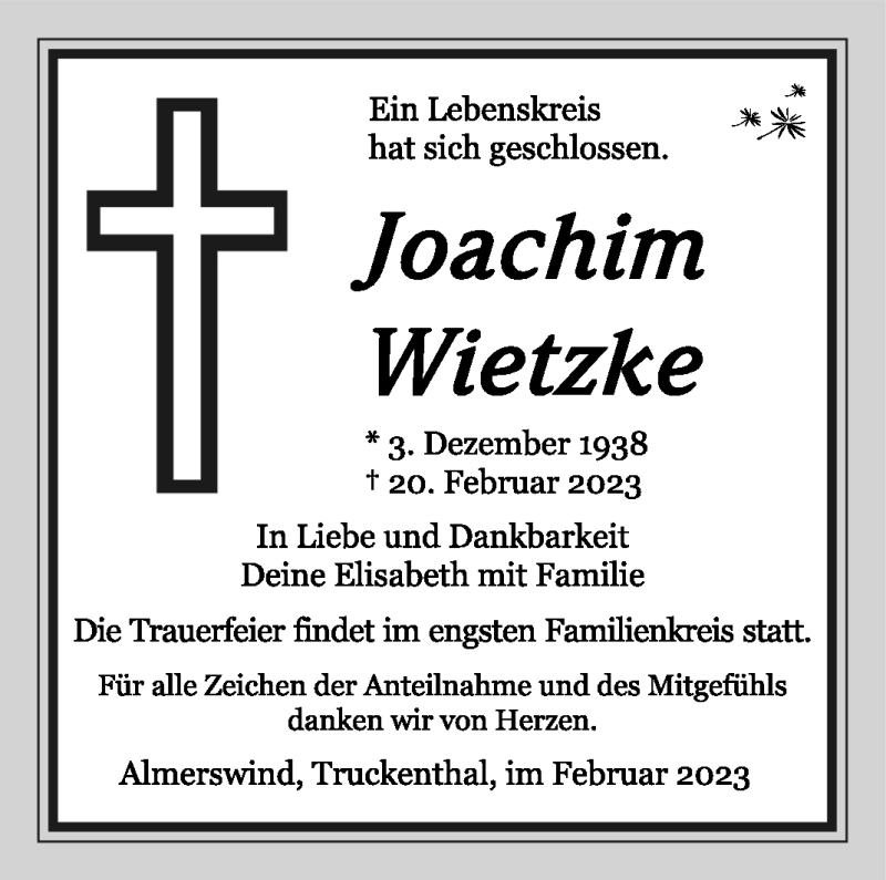  Traueranzeige für Joachim Wietzke vom 04.03.2023 aus Südthüringer Presse