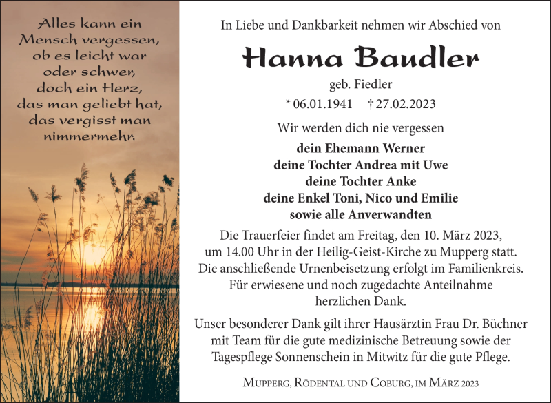  Traueranzeige für Hanna Baudler vom 04.03.2023 aus Südthüringer Presse