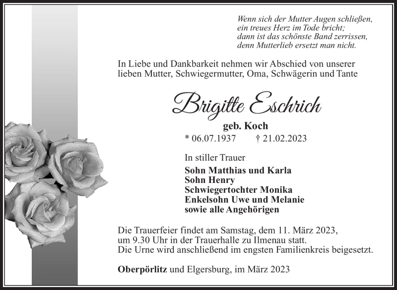  Traueranzeige für Brigitte Eschrich vom 04.03.2023 aus Südthüringer Presse