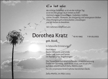 Traueranzeige von Dorothea Kratz von Südthüringer Presse