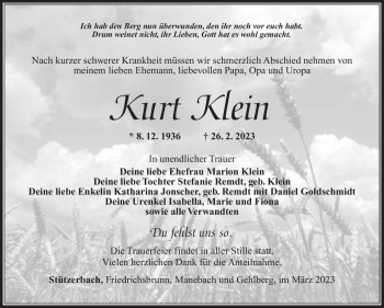 Traueranzeige von Kurt Klein von Südthüringer Presse