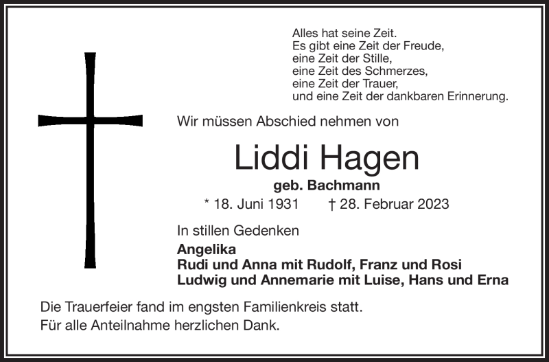  Traueranzeige für Liddi Hagen vom 18.03.2023 aus Frankenpost
