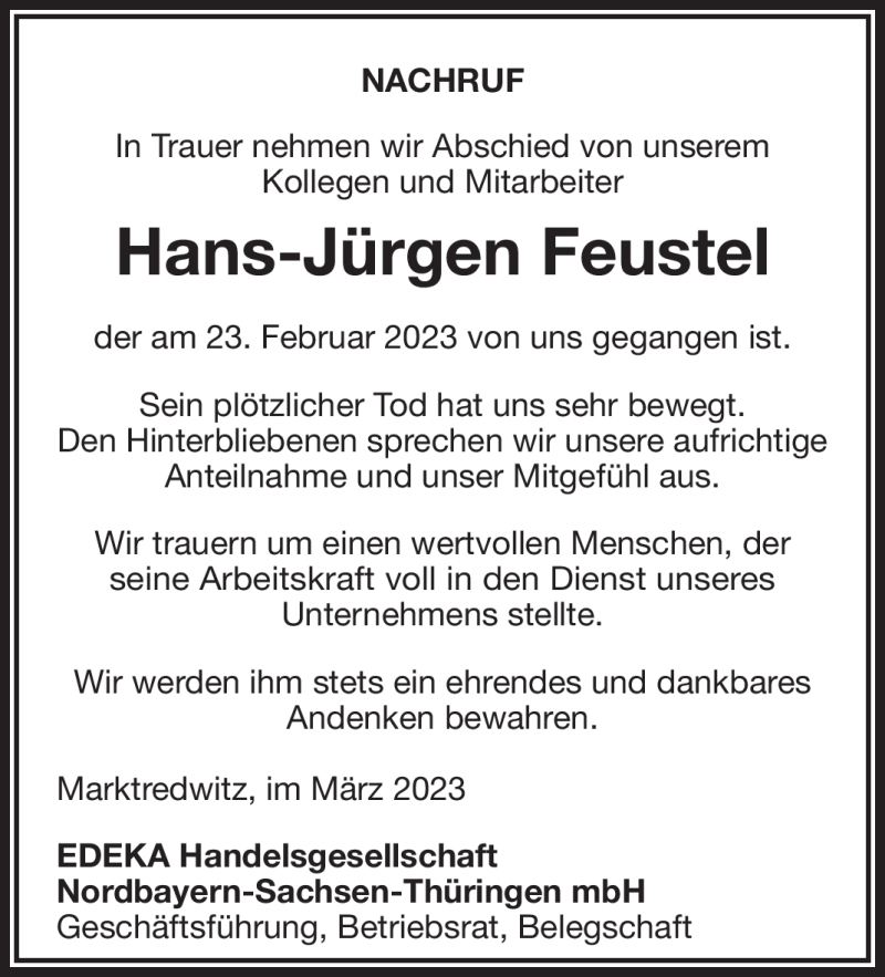  Traueranzeige für Hans-Jürgen Feustel vom 20.03.2023 aus Frankenpost