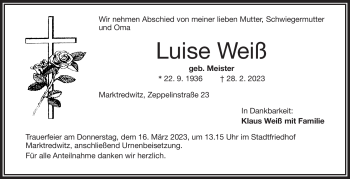 Traueranzeige von Luise Weiß von Frankenpost
