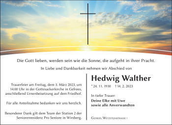 Traueranzeige von Hedwig Walther von Frankenpost