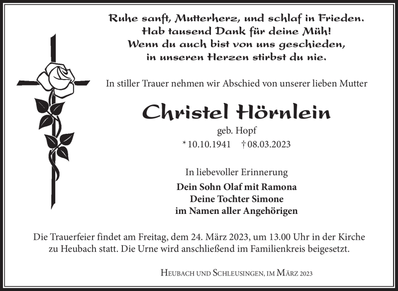  Traueranzeige für Christel Hörnlein vom 18.03.2023 aus Südthüringer Presse