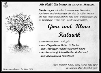 Traueranzeige von Gina und Klaus Kulawik von Südthüringer Presse