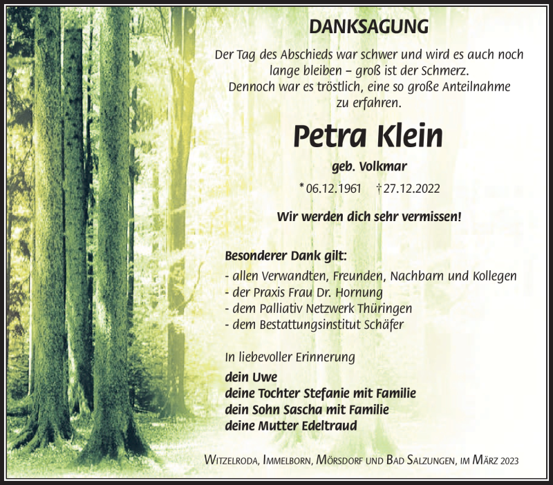  Traueranzeige für Petra Klein vom 04.03.2023 aus Südthüringer Presse