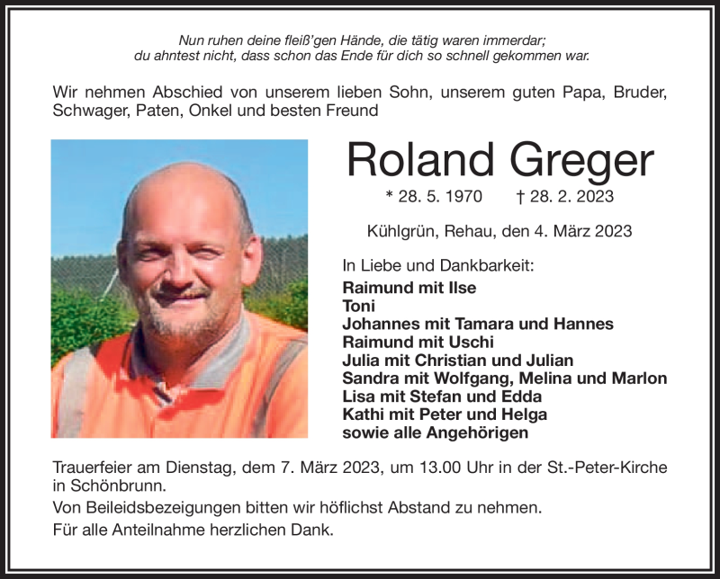  Traueranzeige für Roland Greger vom 04.03.2023 aus Frankenpost