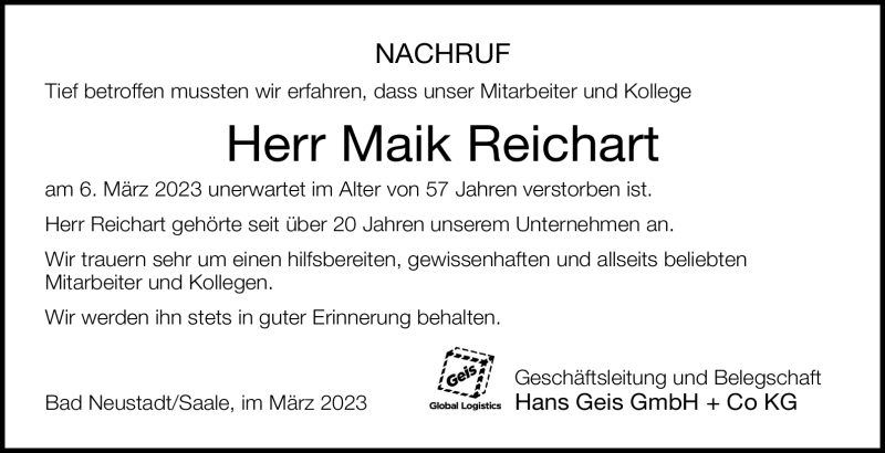  Traueranzeige für Maik Reichart vom 16.03.2023 aus Südthüringer Presse