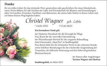 Traueranzeige von Christel Wagner von Südthüringer Presse
