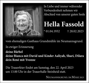 Traueranzeige von Hella Fassold von Südthüringer Presse
