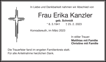 Traueranzeige von Erika Kanzler von Frankenpost