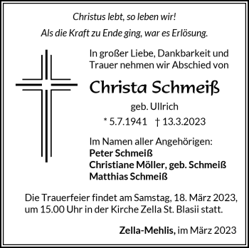 Traueranzeige von Christa Schmeiß von Südthüringer Presse