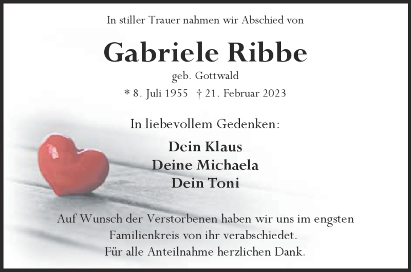  Traueranzeige für Gabriele Ribbe vom 04.03.2023 aus Frankenpost