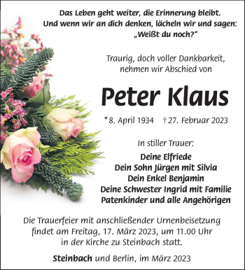 Traueranzeige von Peter Klaus von Südthüringer Presse