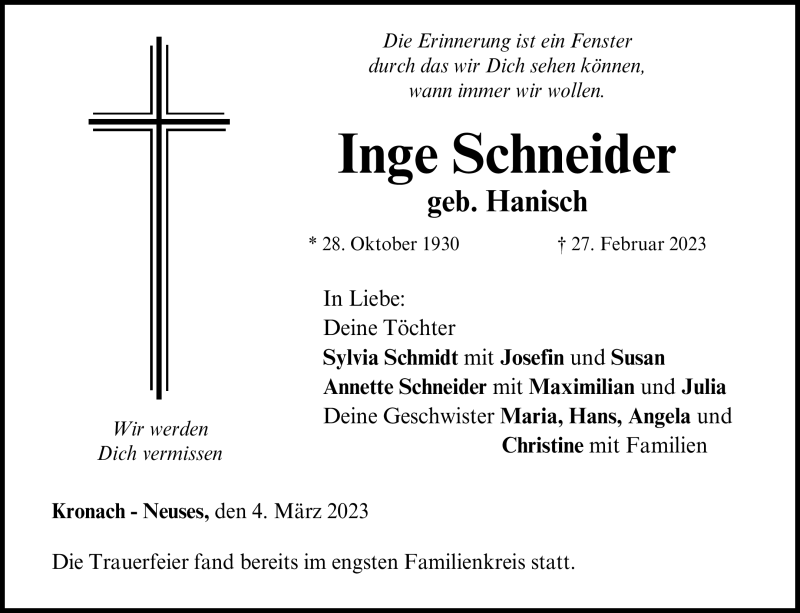  Traueranzeige für Inge Schneider vom 04.03.2023 aus Neue Presse Coburg