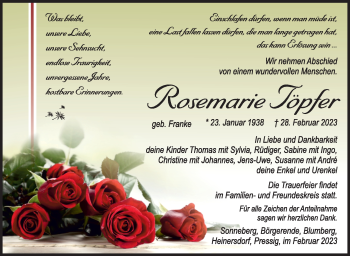 Traueranzeige von Rosemarie Töpfer von Südthüringer Presse
