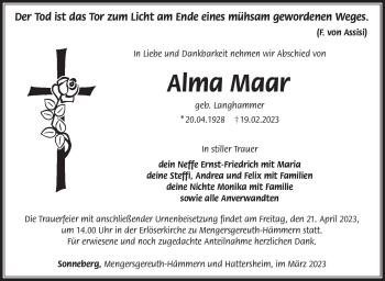 Traueranzeige von Alma Maar von Südthüringer Presse