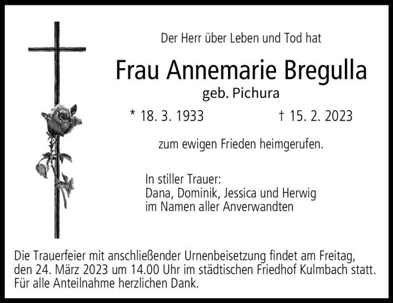  Traueranzeige für Annemarie Bregulla vom 18.03.2023 aus Frankenpost