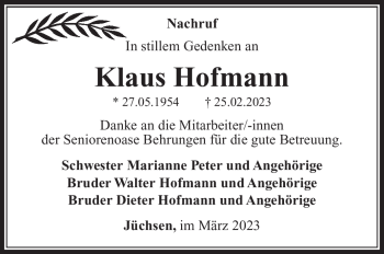 Traueranzeige von Klaus Hofmann von Südthüringer Presse
